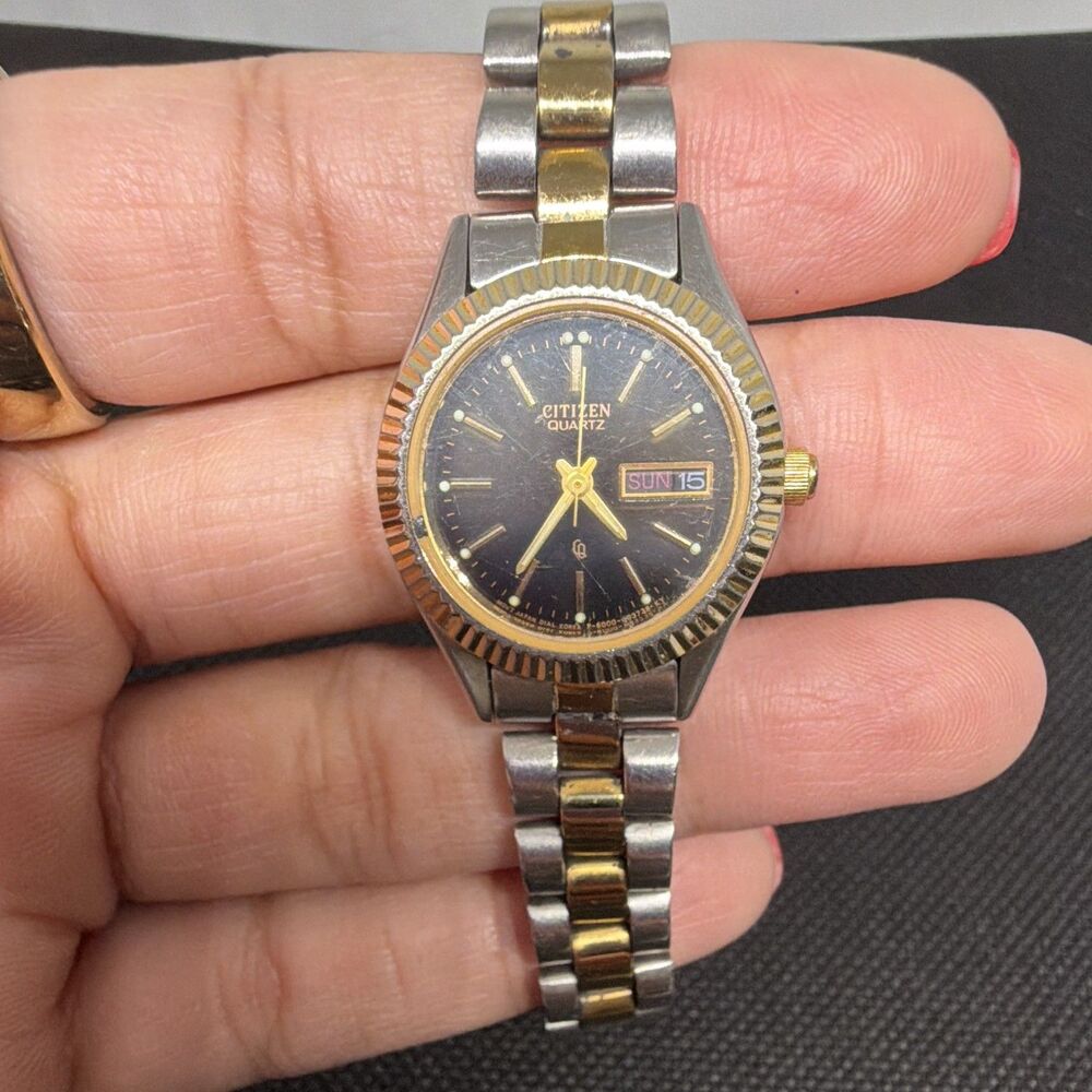 Citizen Quartz Women’s Day Date Watch Black Dial Two Tone Bracelet Working